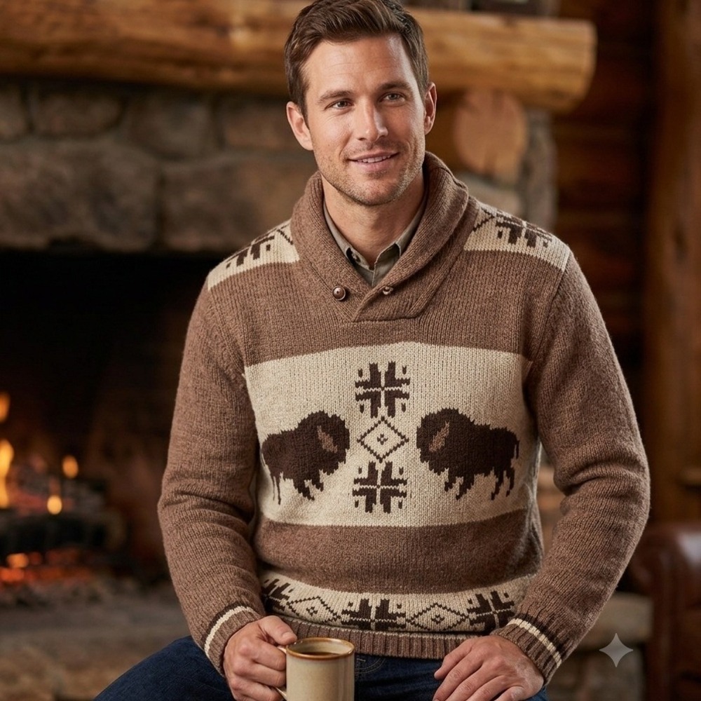 Lands End Canvas Mens Buffalo Shawl Collar Sweater‎ Sz M Cottage Ecletic Grandpa